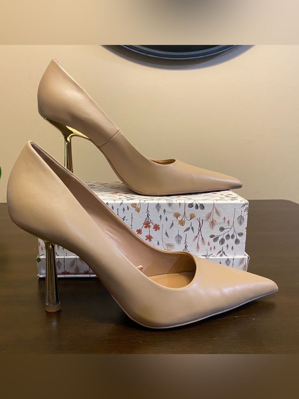 Zara Beige Pointed Toe Pumps with Gold Stiletto Heel
